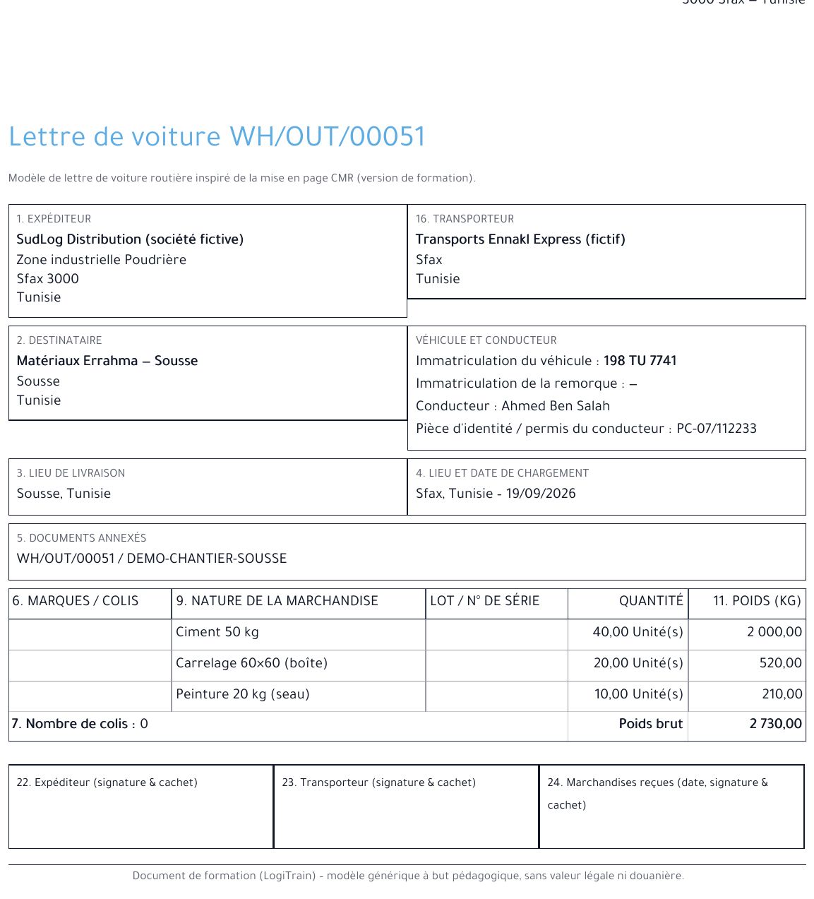 Lettre de voiture (formation) générée par LogiTrain — livraison DEMO-CHANTIER-SOUSSE