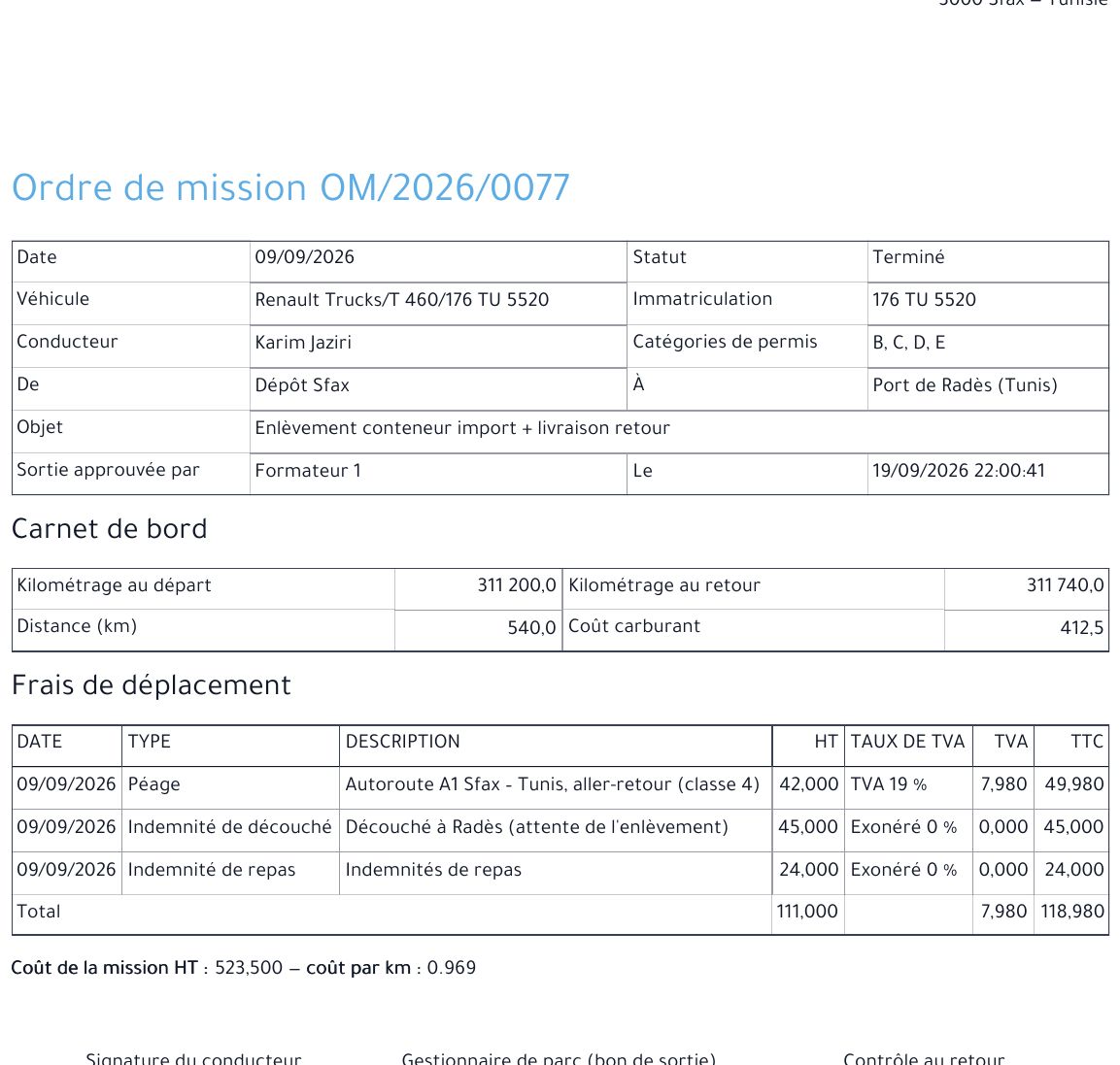 Ordre de mission / carnet de bord généré par LogiTrain (mission Sfax → Radès)